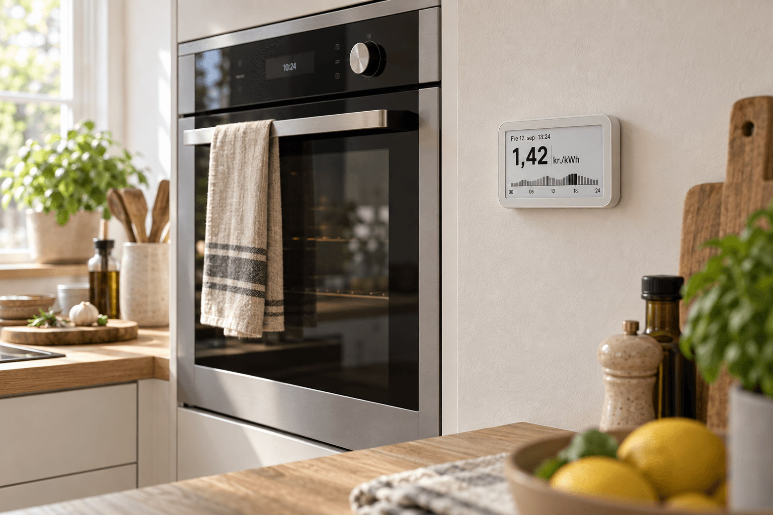 WattNow-display på væggen ved siden af en ovn i et lyst køkken